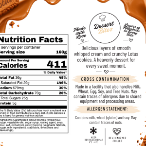Dessert Bitez Biscoff and Whip Cream nutrition and allergen label