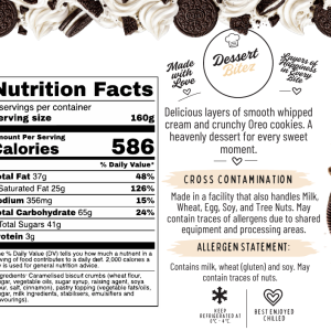 Dessert Bitez Oreo and Whip Cream nutrition and allergen label