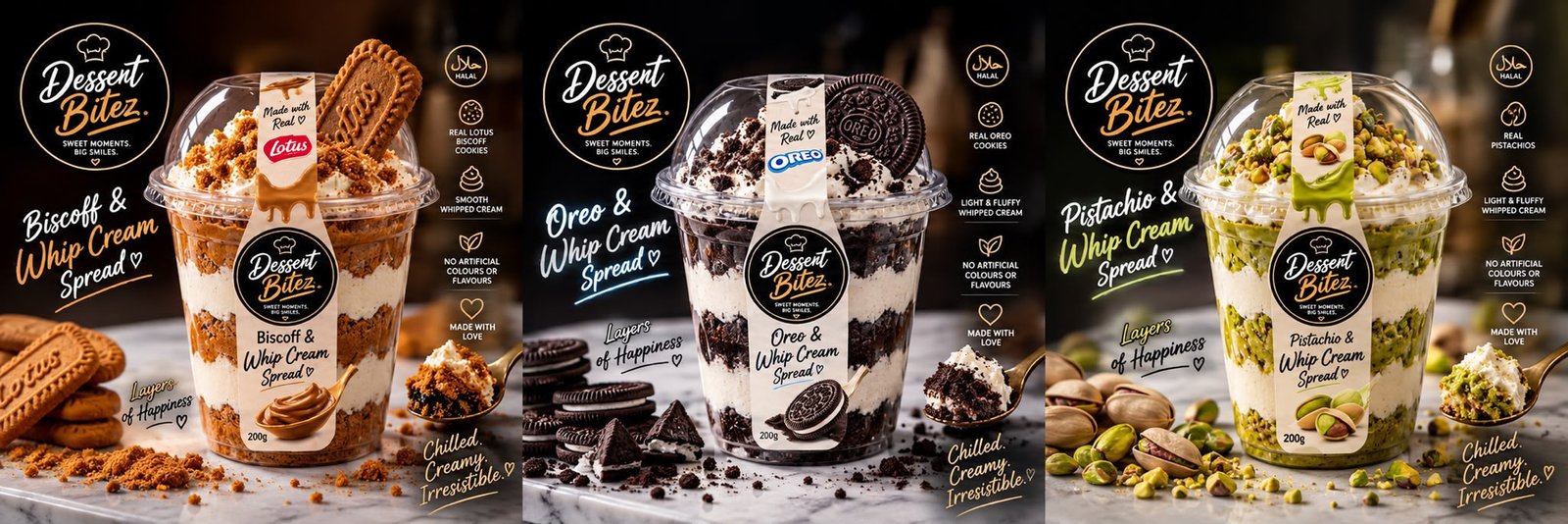 Dessert Bitez Biscoff, Oreo and Pistachio dessert range
