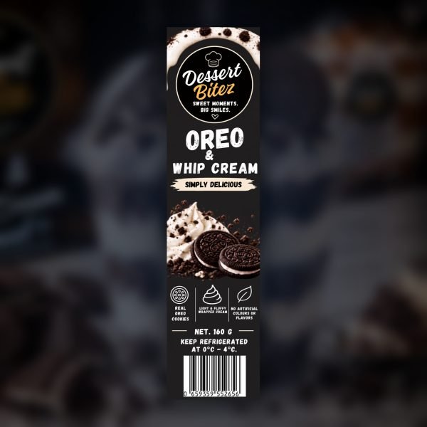 Dessert Bitez Oreo and Whip Cream product card using the official 160g label
